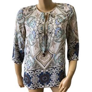 AVA CHRISTINE Womens Size XS Bohemian Peasant 3/4 Sleeve Keyhole Blouse Shirt
